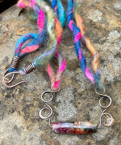 Colorful Dragons Vein Agate (dyed) Necklace in Copper with multi-colored cord.