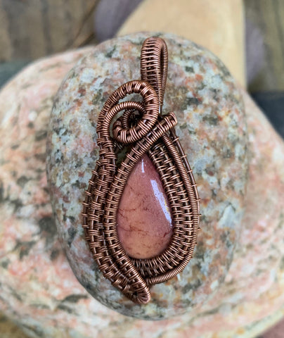 Soft Yellow to Pink hues in this exquisite Mookaite Pendant on wire wrapped copper.