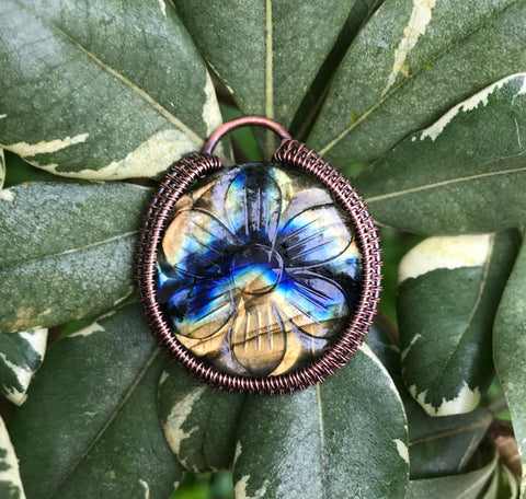 Bright Blue and Yellow Carved Labradorite Pendant wrapped in Copper