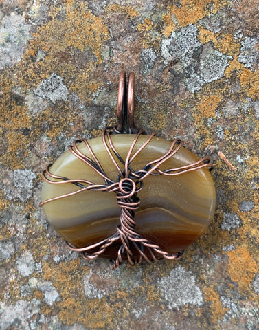 Striped Agate Tree of Life Pendant in Copper