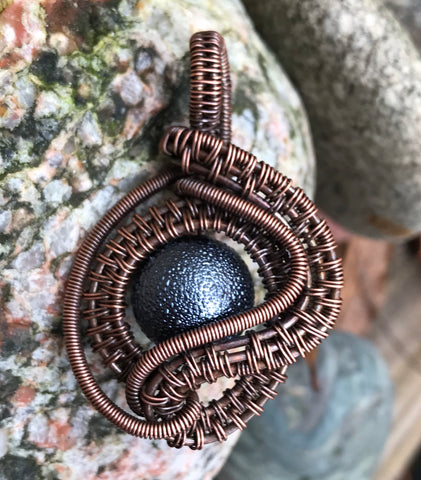 Glass Bead and Woven Copper Pendant