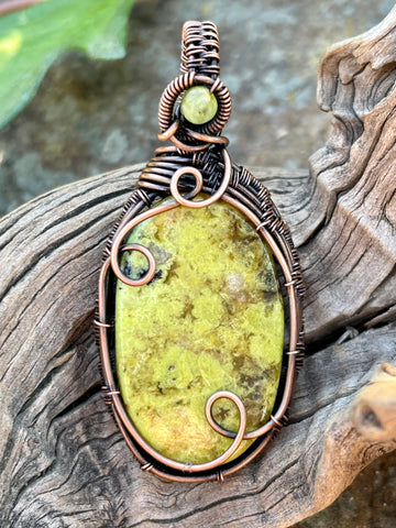 Lovely Pale Green Opal Pendant in Handwoven Copper with a Peridot Accent on the Bail. 