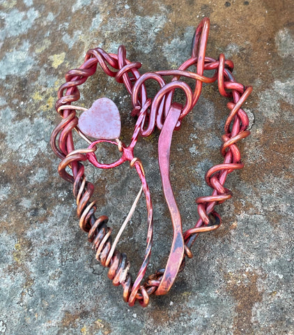 Red Patinated Free Form Copper Heart Pendant with Fancy Jasper Heart Accent. 