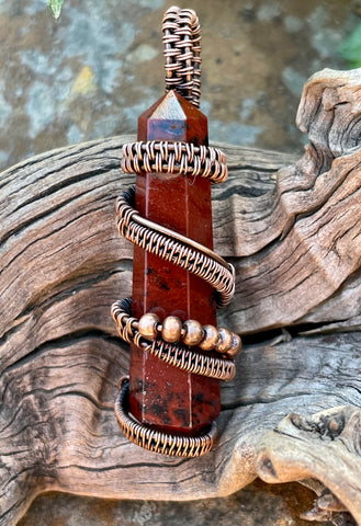 Rich Chocolate Colored Double Terminated Mahogany Obsidian Point Pendant in Wire Wrapped Copper. 