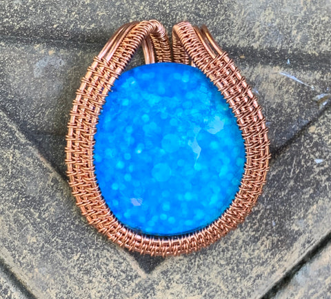 Blue Photo Glass Cabochon Pendant wrapped in Copper