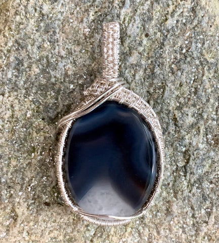 Blue Striped Agate Pendant in Sterling and Fine Silver