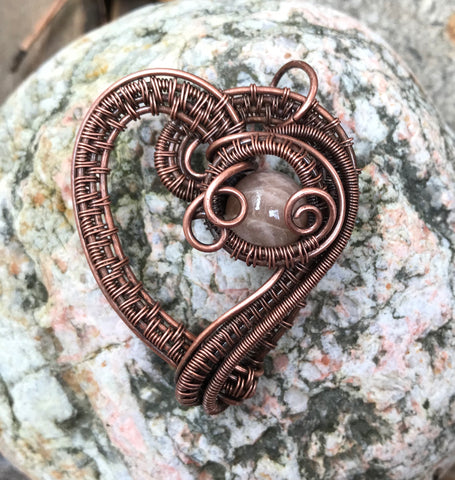 Dramatic Woven Copper Heart Pendant with Sunstone