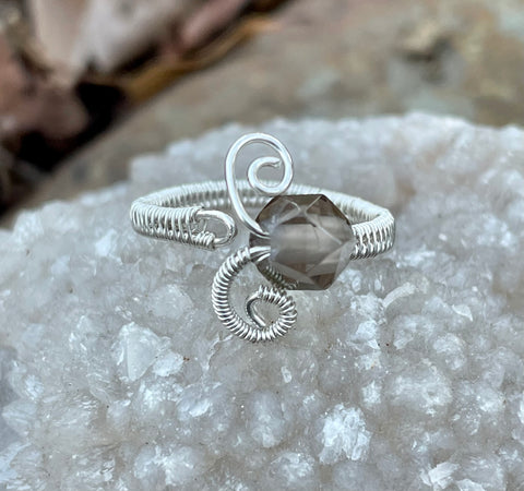 Adjustable Faceted Smoky Quartz and Wire Wrapped Argentium Silver Ring.