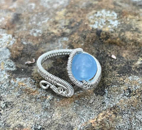 Wire wrapped Argentium Silver adjustable Ring with Blue Chalcedony. 