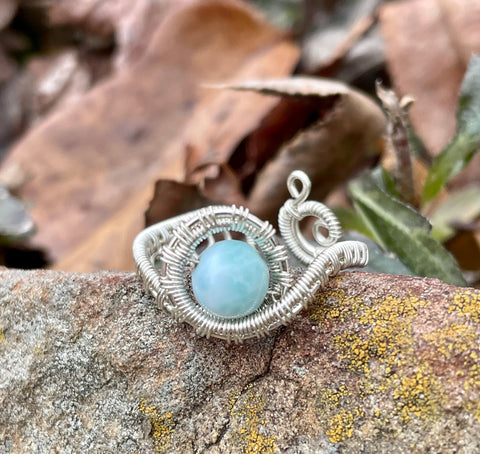 Wire Wrapped Argentium Silver Adjustable Ring with Larimar. Adjustable size 8+. 