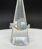 Wire Wrapped Argentium Silver Adjustable Ring with Larimar. Adjustable size 8+. 