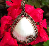 Pink and White Seashell Pendant wrapped in Copper