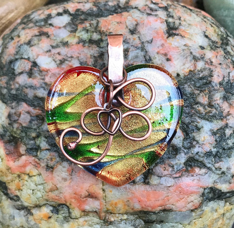 Colorful Glass Heart Pendant with Handmade Hammered Bail, Copper Swirls and a Copper Heart Dangle.