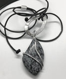 Snowflake Obsidian, Aluminum and Leather Necklace - adjustable