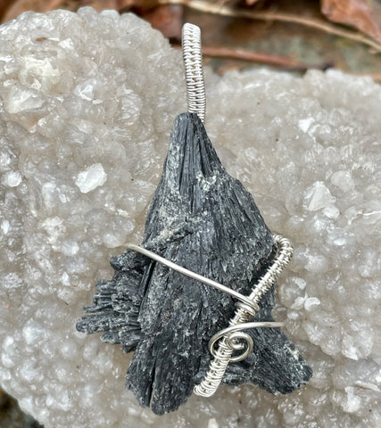 Raw Black Kyanite Pendant in Wire Wrapped Argentium Silver.