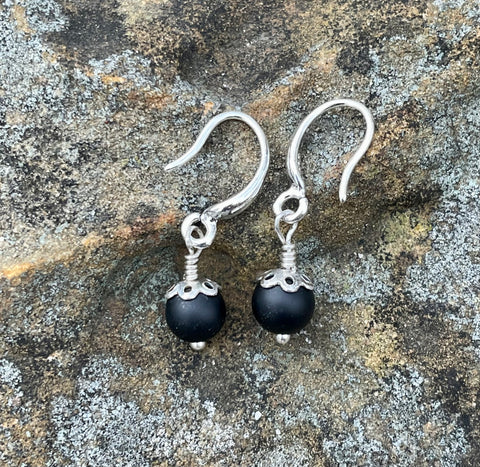 Dainty Matte Black Agate and Sterling Silver Earrings. 