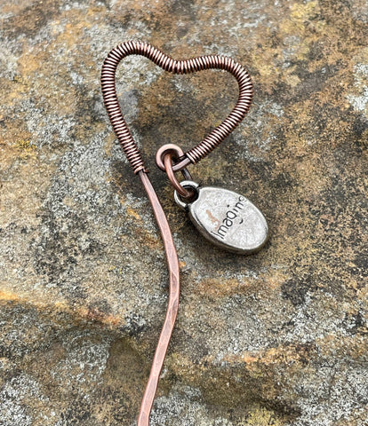 Hammered Copper Wire Wrapped Copper Heart Bookmark with "Imagine" Dangle. 