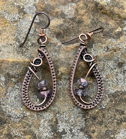 Wire Wrapped Copper Earrings with light purple Czech Glass Beads on Niobium Ear Wires.  