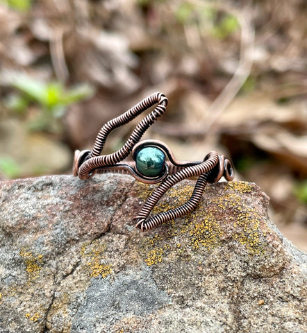 Wire Wrapped Copper Leaf Ring With Green Glass Center.  