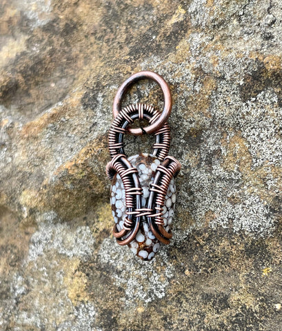 Wire Wrapped Copper Snake Skin Stone Mini Pendant.  