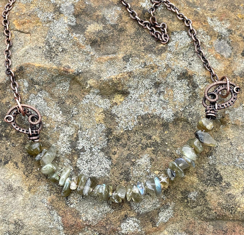 Wire Wrapped Copper and Labradorite Chip Necklace. 