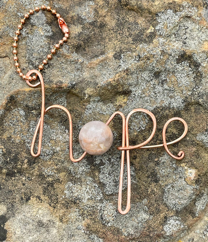 Hammered Copper "hope" Keychain with large Sunstone Bead. 