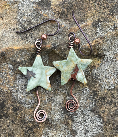 Shooting Star Earrings made with Copper, Rainforest Jasper Star and Niobium Ear Wires.