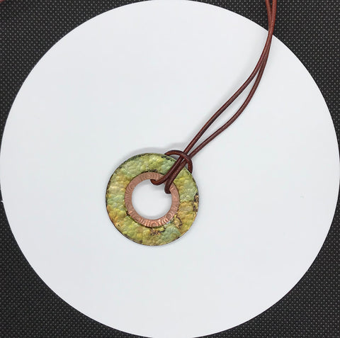 Hand stamped, painted and hammered washer necklace