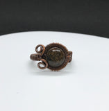 Handmade Bronzite and wire wrapped copper ring. 