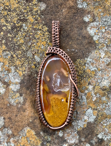 Colorful Agate Pendant with a Druzy Pocket wrapped in handwoven Copper. A unique piece with sparkle!