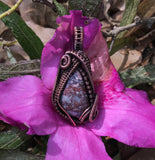 Beautiful Sci-fi Jasper Pendant (aka Porcelain Jasper) with colors of blue, burgundy and pink in wire wrapped copper.