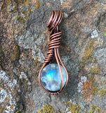 Iridescent Crackled Glass Ball Pendant wrapped in Copper