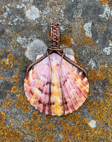 Pink and Orange Seashell Pendant wrapped in Copper