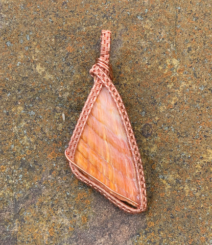 Vibrant Shell Slice Pendant in wire wrapped Copper