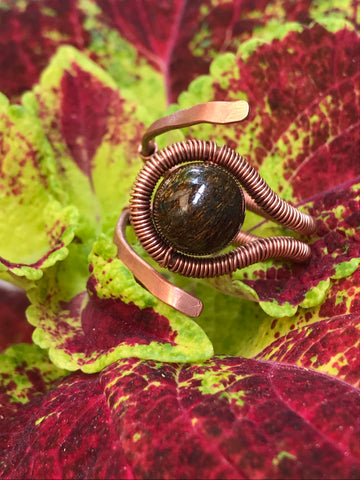 Bronzite and Hammered Copper ring - adjustable
