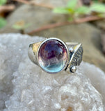 Beautiful Sterling Silver Angel Wing Ring with Rainbow Fluorite in purple, clear and blue.