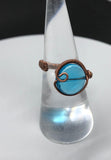 Blue Glass and wire wrapped Copper ring - adjustable