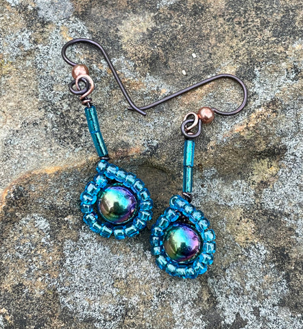 Electroplated Hematite Earrings in Copper surrounded by Azure Blue Sead Beads with Niobium Ear Wires. 