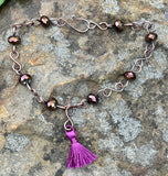 Handmade Copper and Purple Rainbow Crystal Ankle Bracelet with 1" Purple Silk Tassel.  Add some sass to your ankle! 