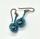 Electroplated Hematite Earrings in Copper surrounded by Azure Blue Sead Beads with Niobium Ear Wires. 