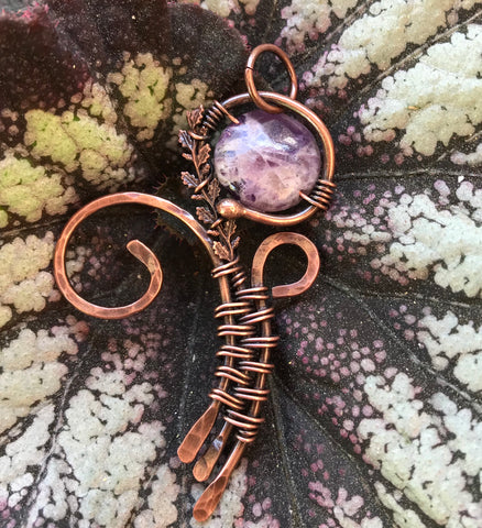 Heavy gauge hammered Copper and Dog Tooth Amethyst Pendant with Copper Leaves accent.