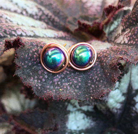 Rainbow Glass and Copper Stud Earrings