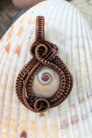 Shark's Eye Moon Shell Pendant in wire wrapped Copper