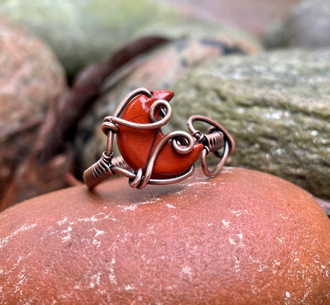 Adjustable Wire Wrapped Copper and Red Jasper Moon Ring. 