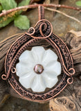 Vintage Button Pendant in Wire Wrapped Copper with Pearl Center. 