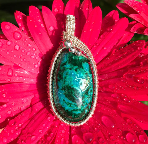Stunning Chrysocolla Malachite Pendant wrapped in Sterling Silver