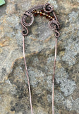Hammered Copper Hair Fork with layers of Handwoven Copper and Glass Beads. 