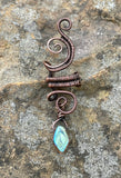 Wire Wrapped Copper Ear Cuff with Iridescent Leaf Dangle.  