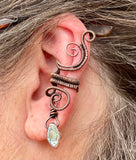 Wire Wrapped Copper Ear Cuff with Iridescent Leaf Dangle.  