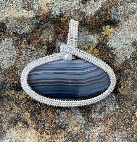 Lovely Striped Agate Pendant wrapped in handwoven Sterling (.925) and Fine (.999) Silver